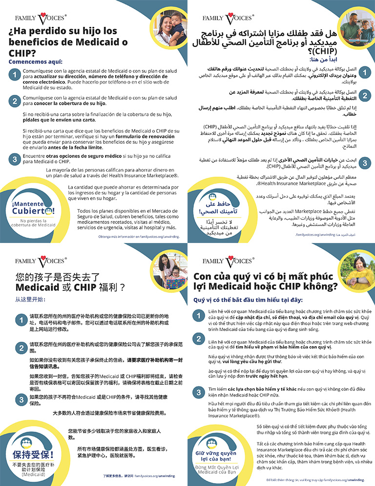 Unwinding contact information tip sheet shown in multiple languages, arabic, spanish, mandarin chinese, and vietnamese.