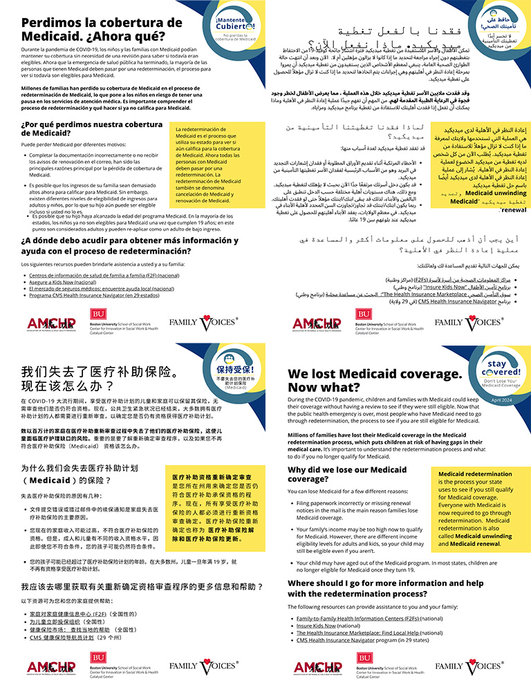 Unwinding contact information tip sheet shown in multiple languages, arabic, spanish, mandarin chinese, and vietnamese.