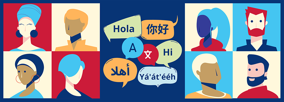 Branding for Family Voices' PEALS project, showing diverse people and a variety of languages.