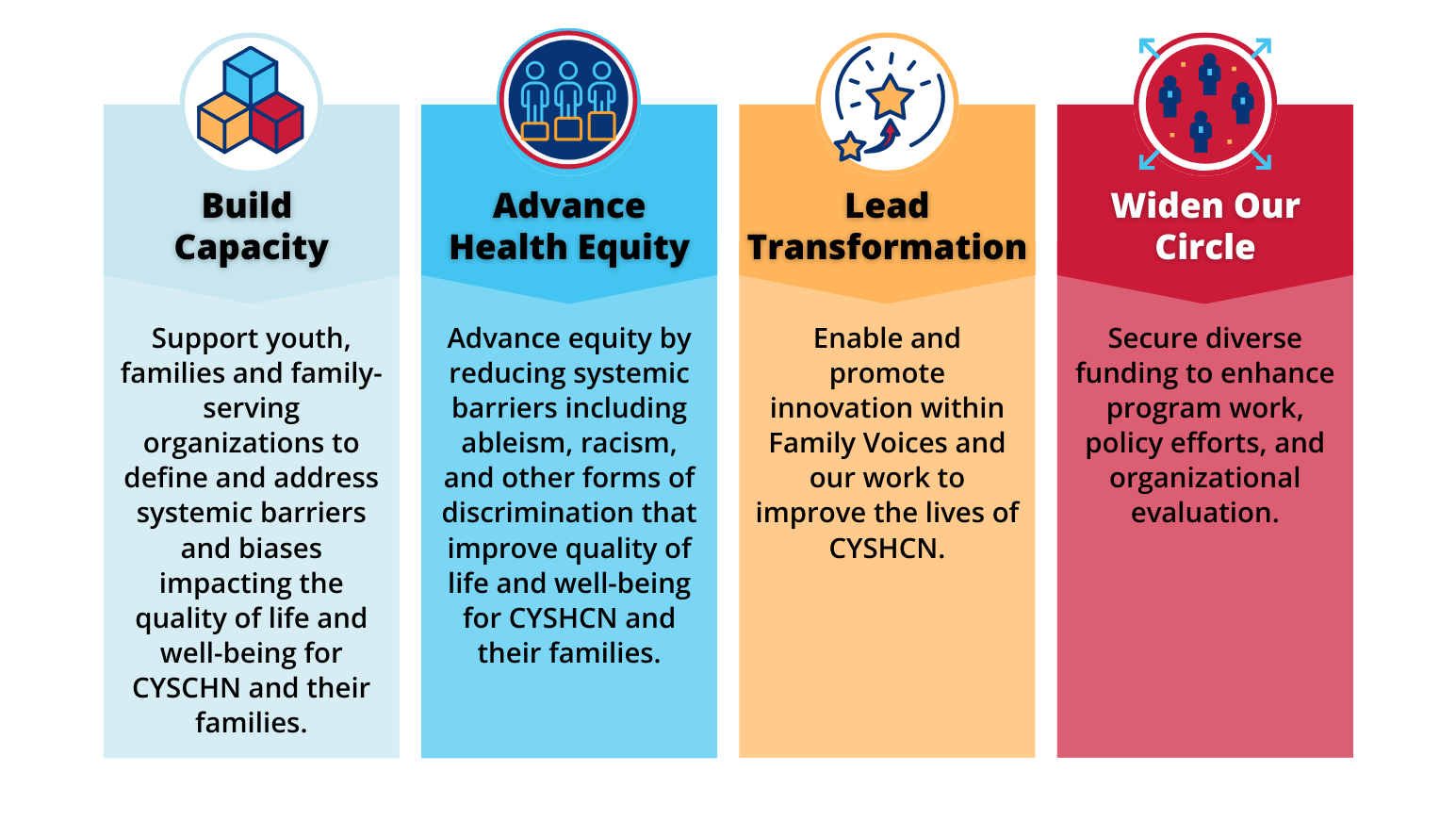 Build Capacity: Support youth, families and family-serving organizations to define and address systemic barriers and biases impacting the quality of life and well-being for CYSCHN and their families. Advance equity by reducing systemic barriers including ableism, racism, and other forms of discrimination that improve quality of life and well-being for CYSHCN and their families. Enable and promote innovation within Family Voices and our work to improve the lives of CYSHCN. Secure diverse funding to enhance program work, policy efforts, and organizational evaluation.