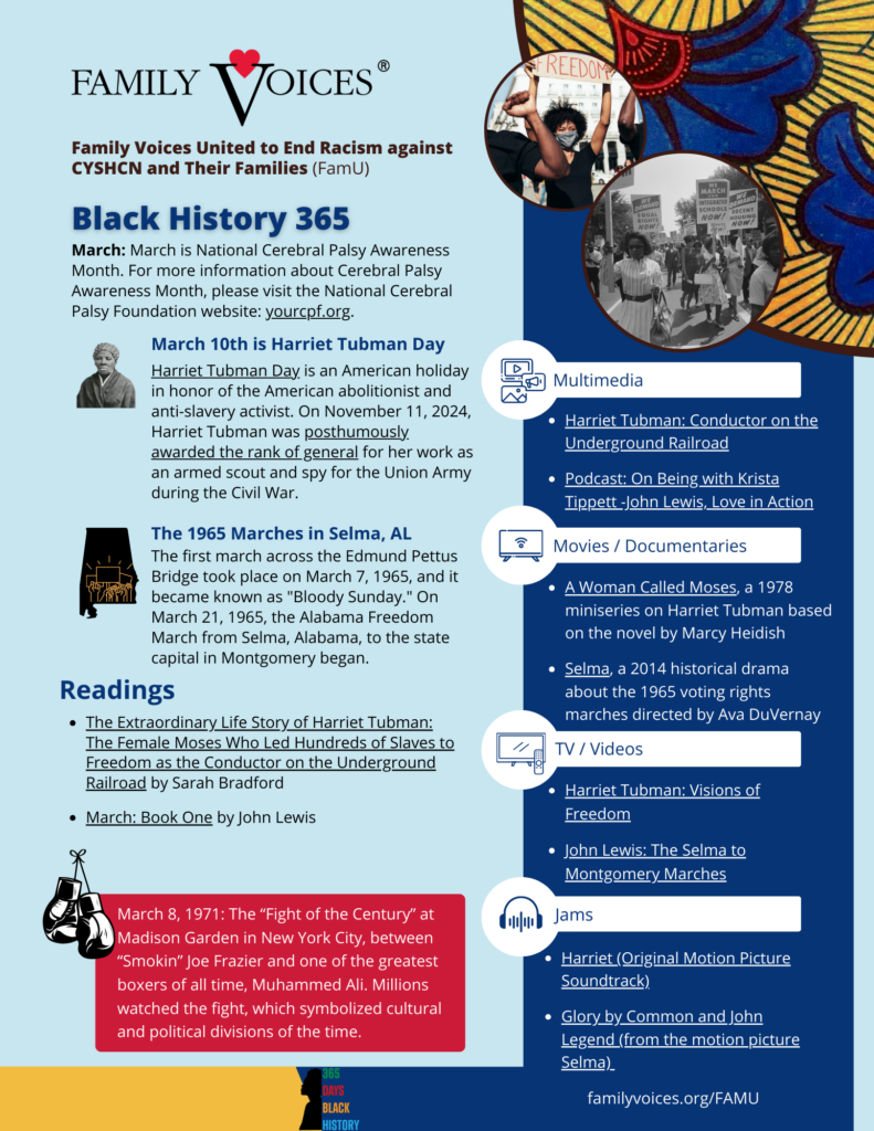 Preview of the Black History 365 document for the month of March. A colorfully designed collection of links to resources.