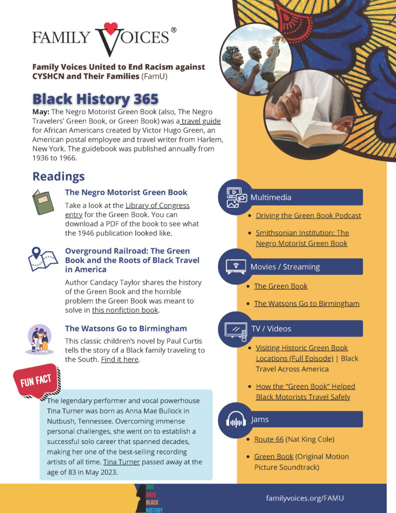 Preview of the Black History 365 document for the month of May. A colorfully designed collection of links to resources.