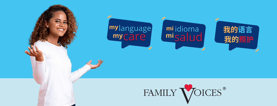 My Language My Care course logo in English, Spanish, and Chinese.
