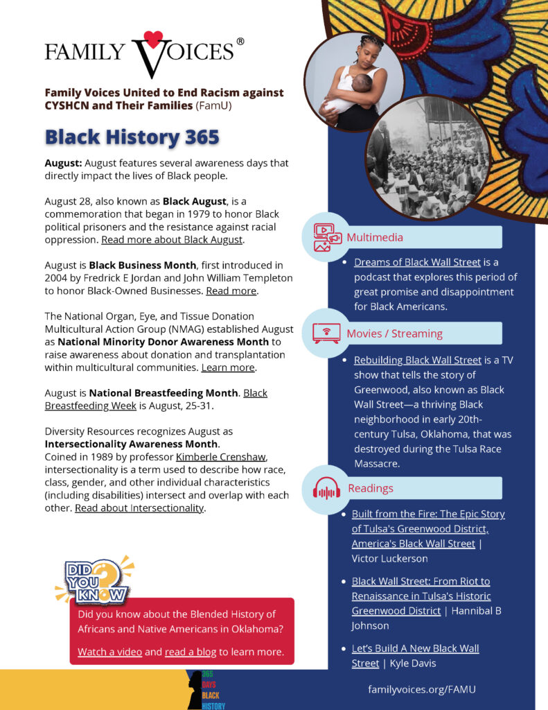 Preview of the Black History 365 document for the month of August. A colorfully designed collection of links to resources.