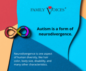 Multicolor background with text that reads: Autism is a form of neurodivergence. Neurodivergence is one aspect of human diversity, like hair color, body size, disability, and many other characteristics. 