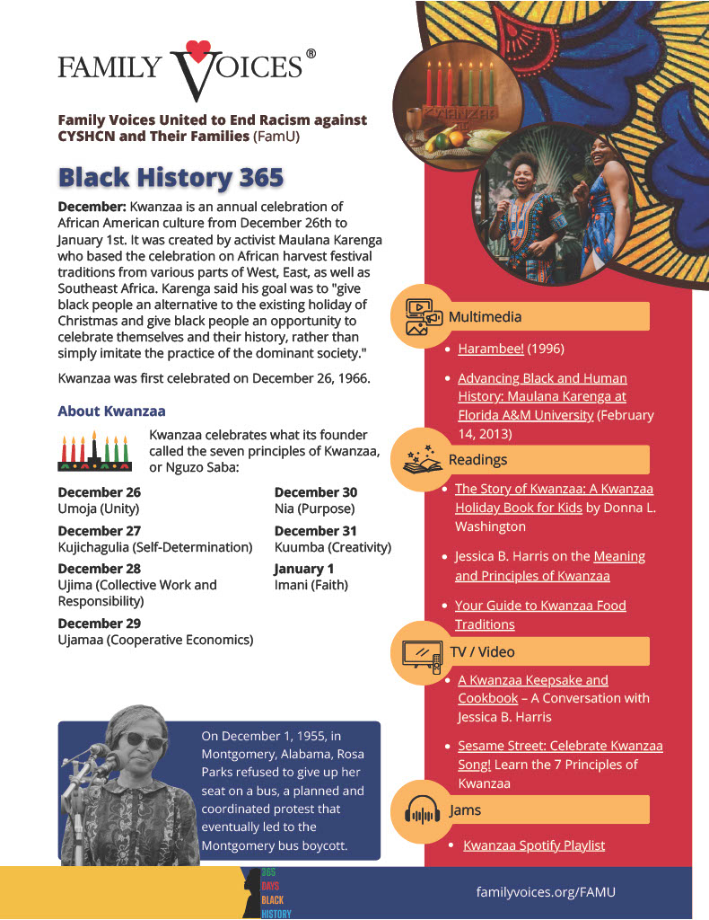 Preview of the Black History 365 document for the month of December. A colorfully designed collection of links to resources.